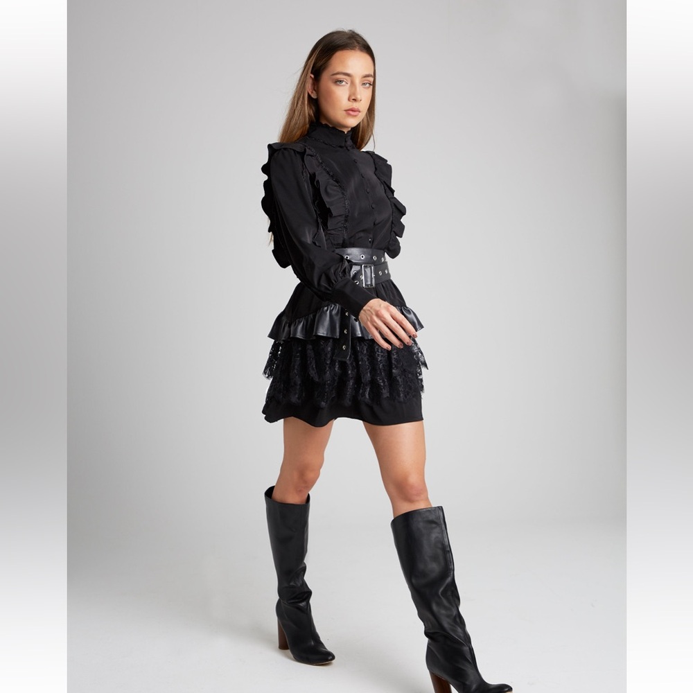 Black MAYKA Ruffled Long Sleeve Dress
